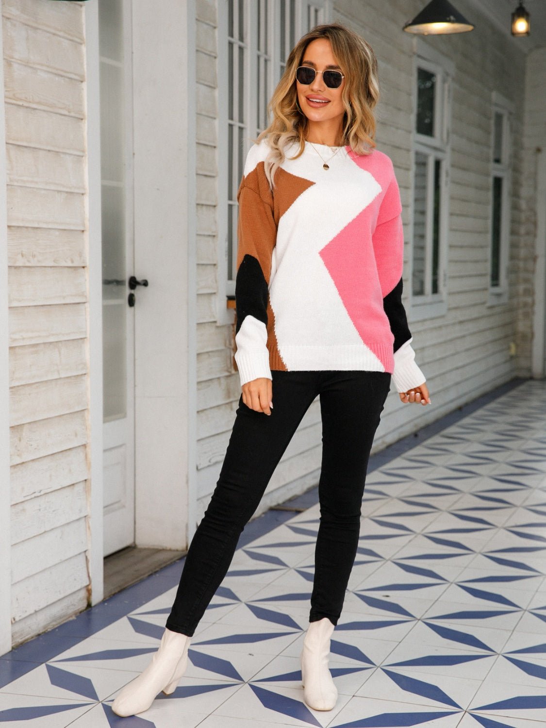 Color Block Round Neck Dropped Shoulder Sweater - Admiresty