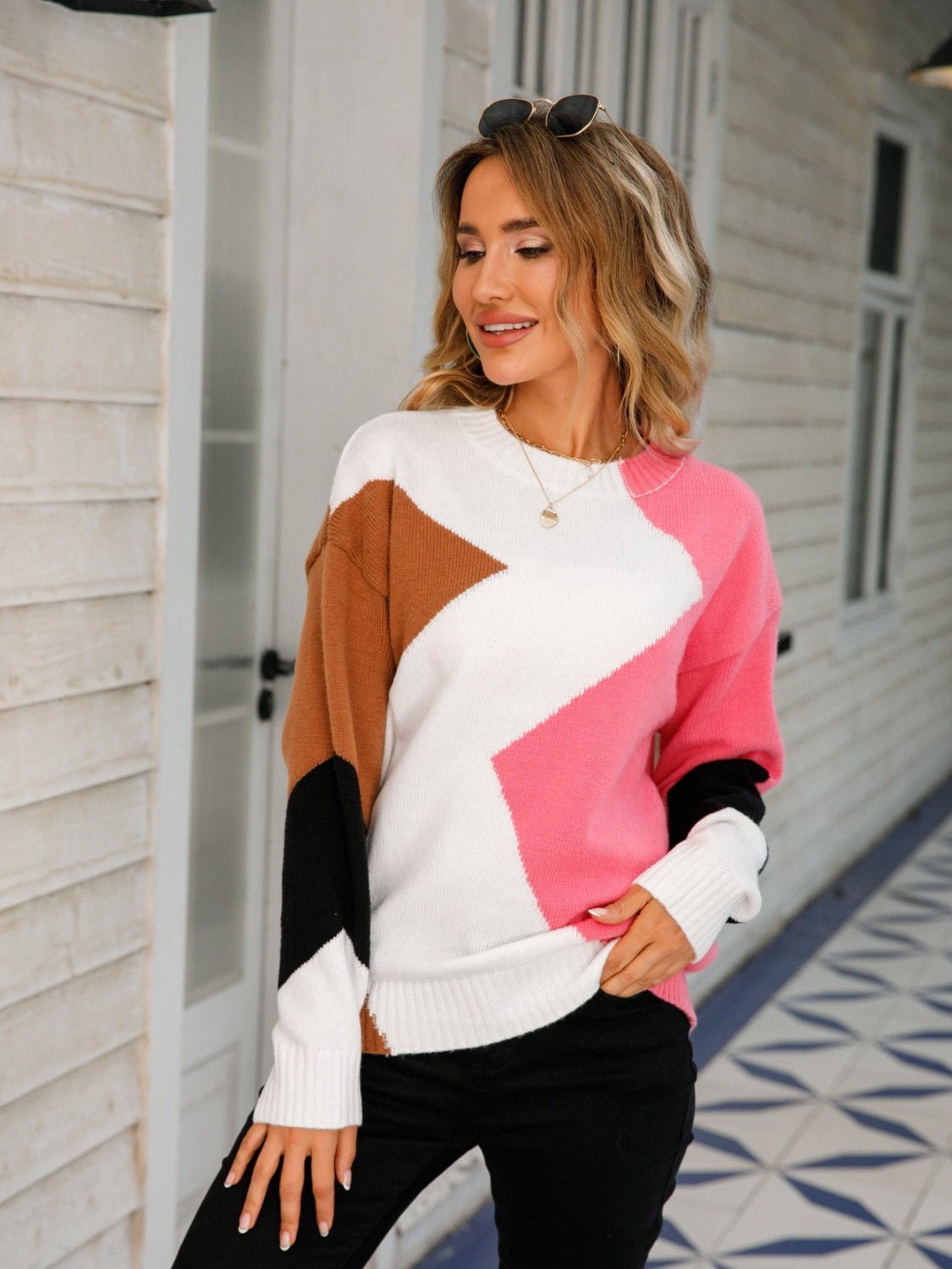 Color Block Round Neck Dropped Shoulder Sweater - Admiresty