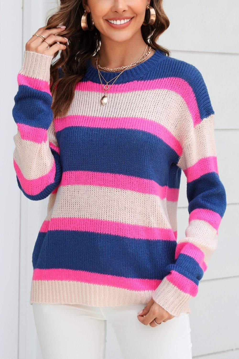 Color Block Round Neck Dropped Shoulder Sweater - Admiresty