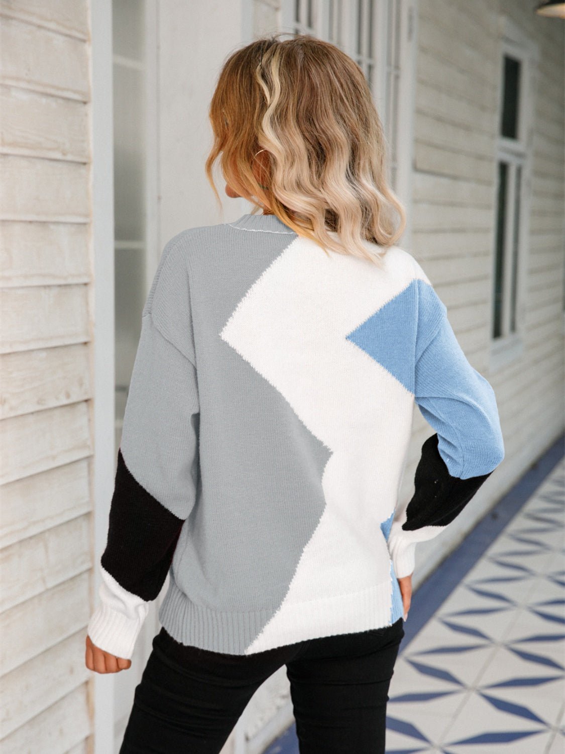 Color Block Round Neck Dropped Shoulder Sweater - Admiresty