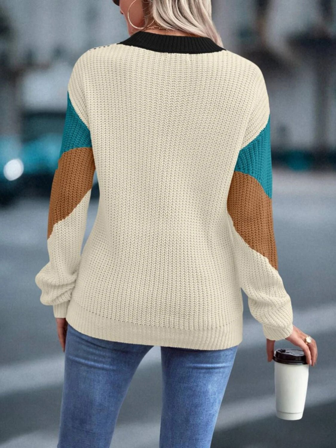 Color Block Round Neck Dropped Shoulder Sweater - Admiresty