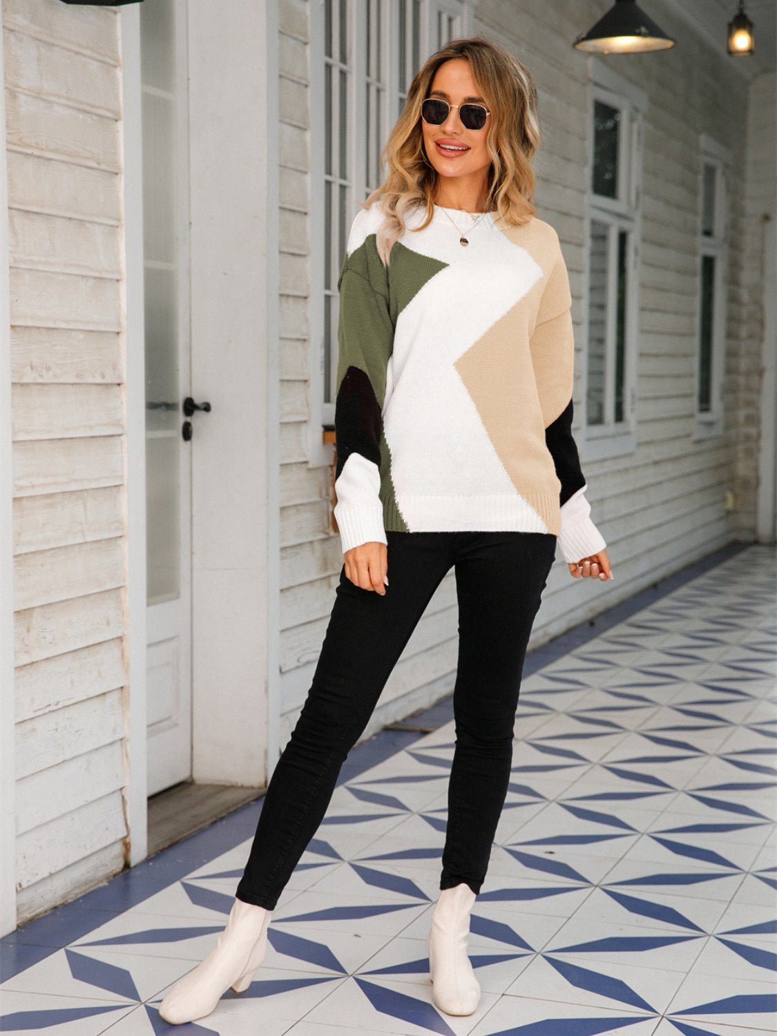 Color Block Round Neck Dropped Shoulder Sweater - Admiresty