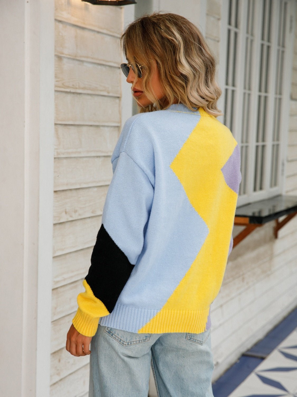 Color Block Round Neck Dropped Shoulder Sweater - Admiresty