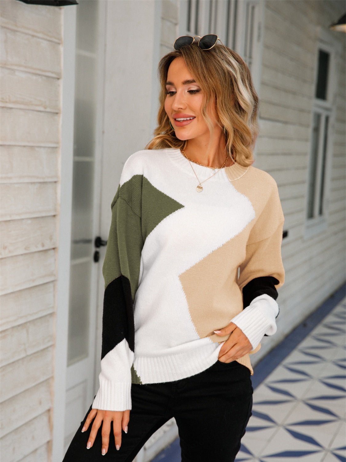 Color Block Round Neck Dropped Shoulder Sweater - Admiresty