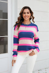 Color Block Round Neck Dropped Shoulder Sweater - Admiresty