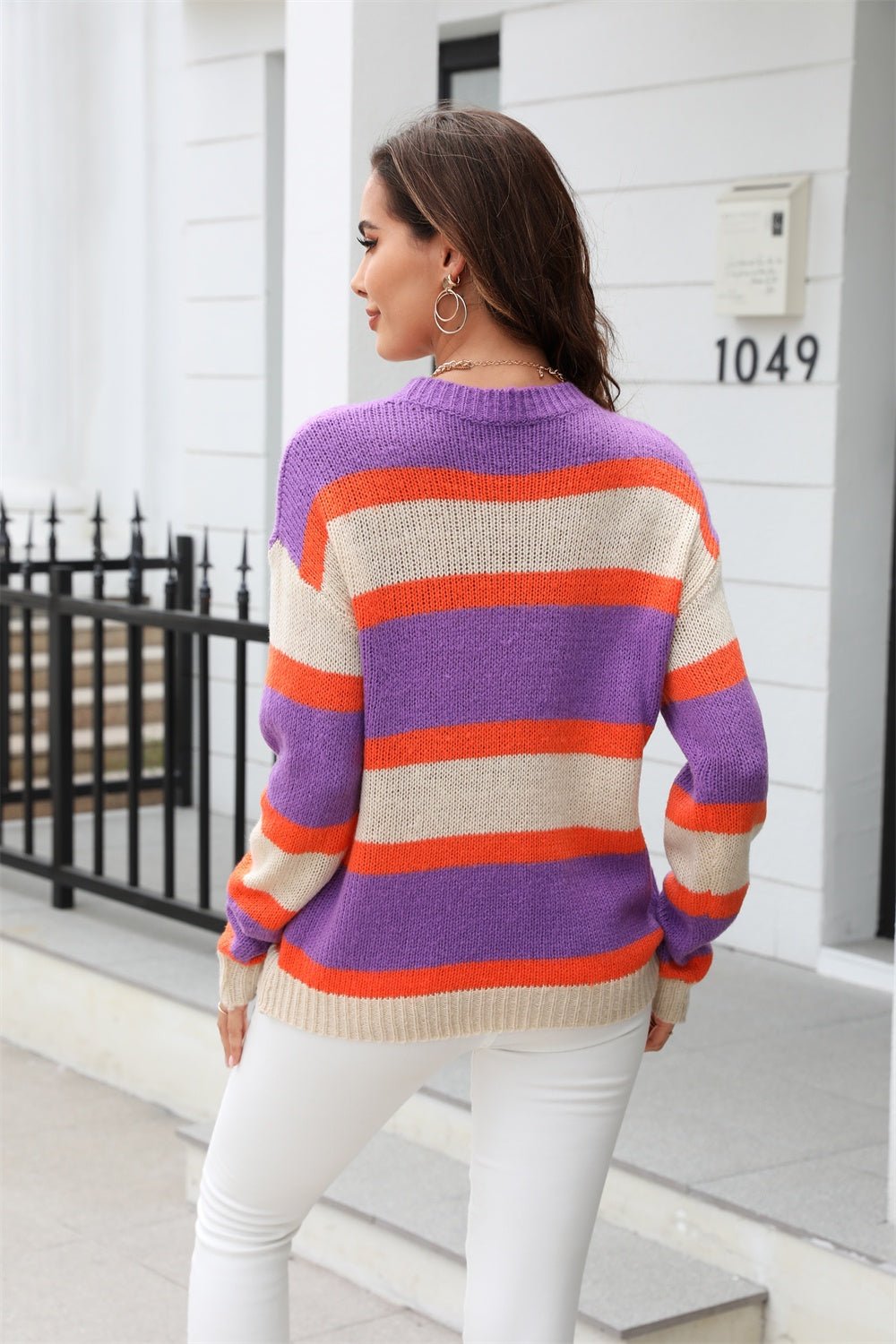 Color Block Round Neck Dropped Shoulder Sweater - Admiresty