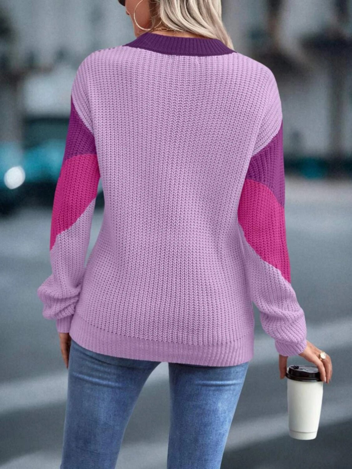 Color Block Round Neck Dropped Shoulder Sweater - Admiresty