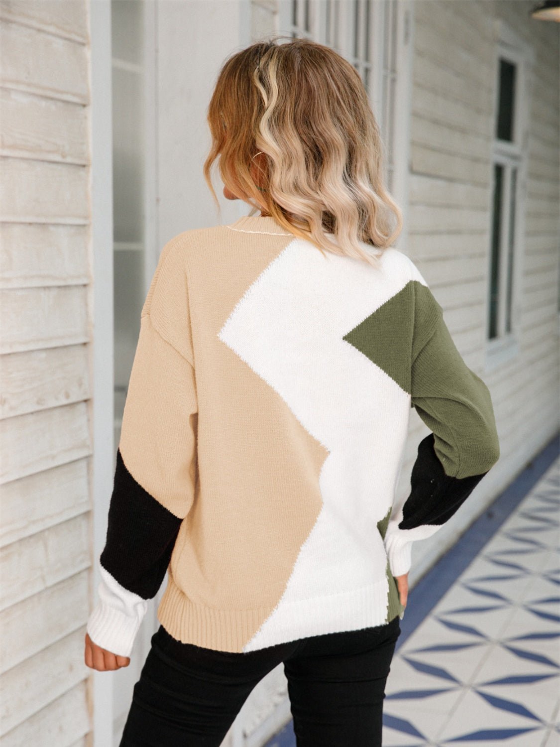 Color Block Round Neck Dropped Shoulder Sweater - Admiresty