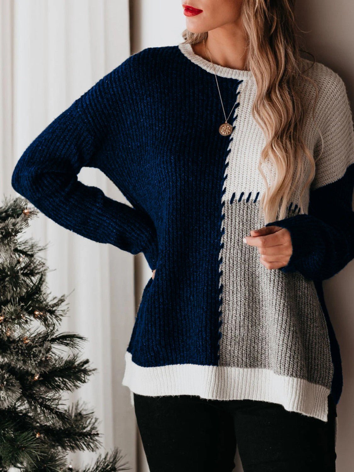 Color Block Round Neck Long Sleeve Sweater - Admiresty