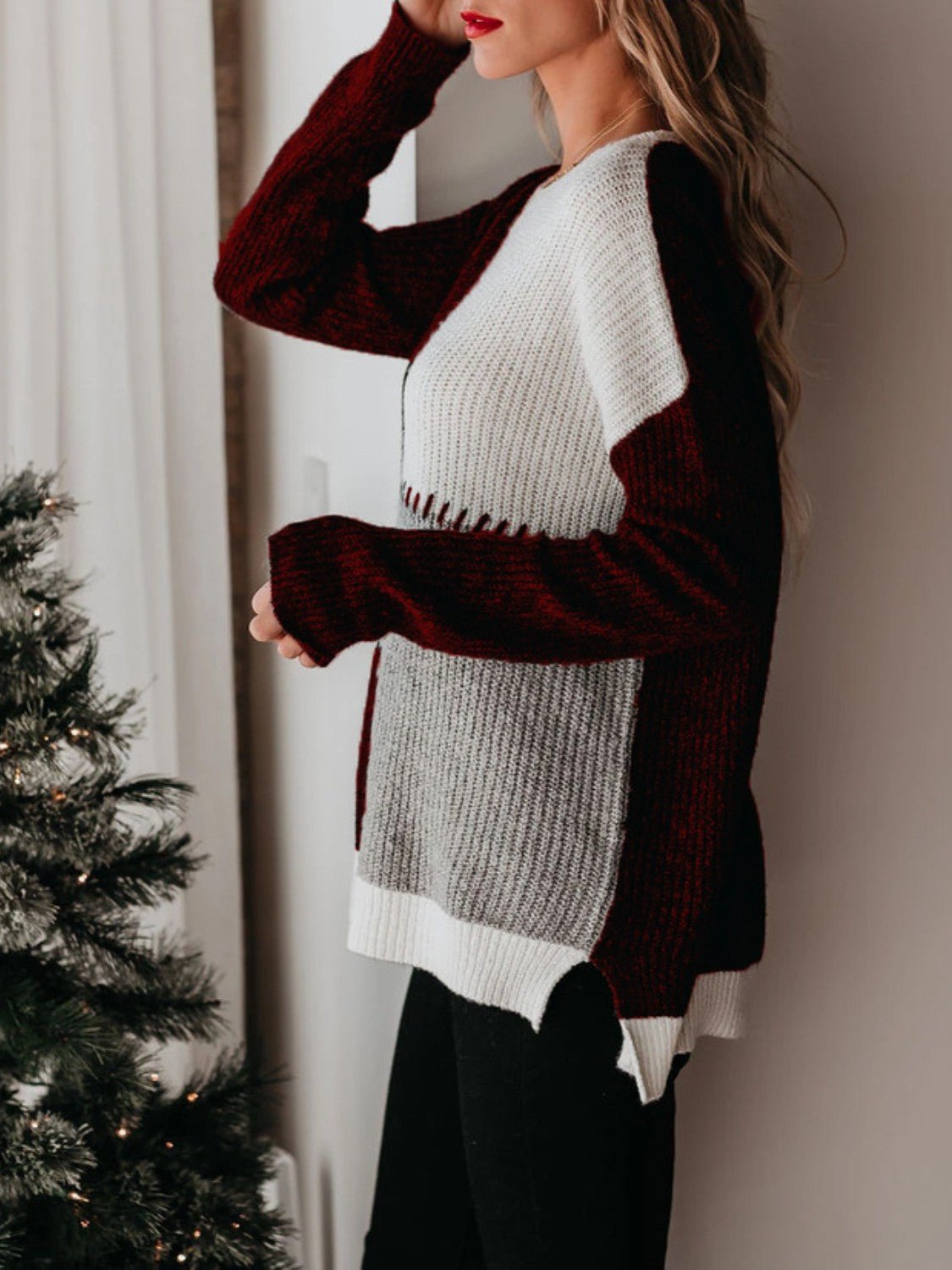 Color Block Round Neck Long Sleeve Sweater - Admiresty