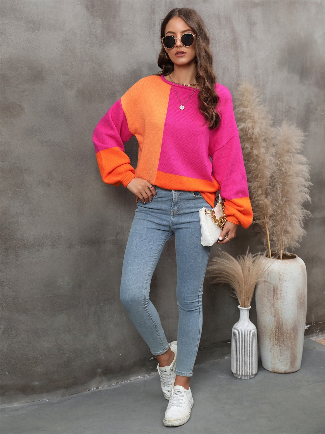 Color Block Round Neck Sweater - Admiresty