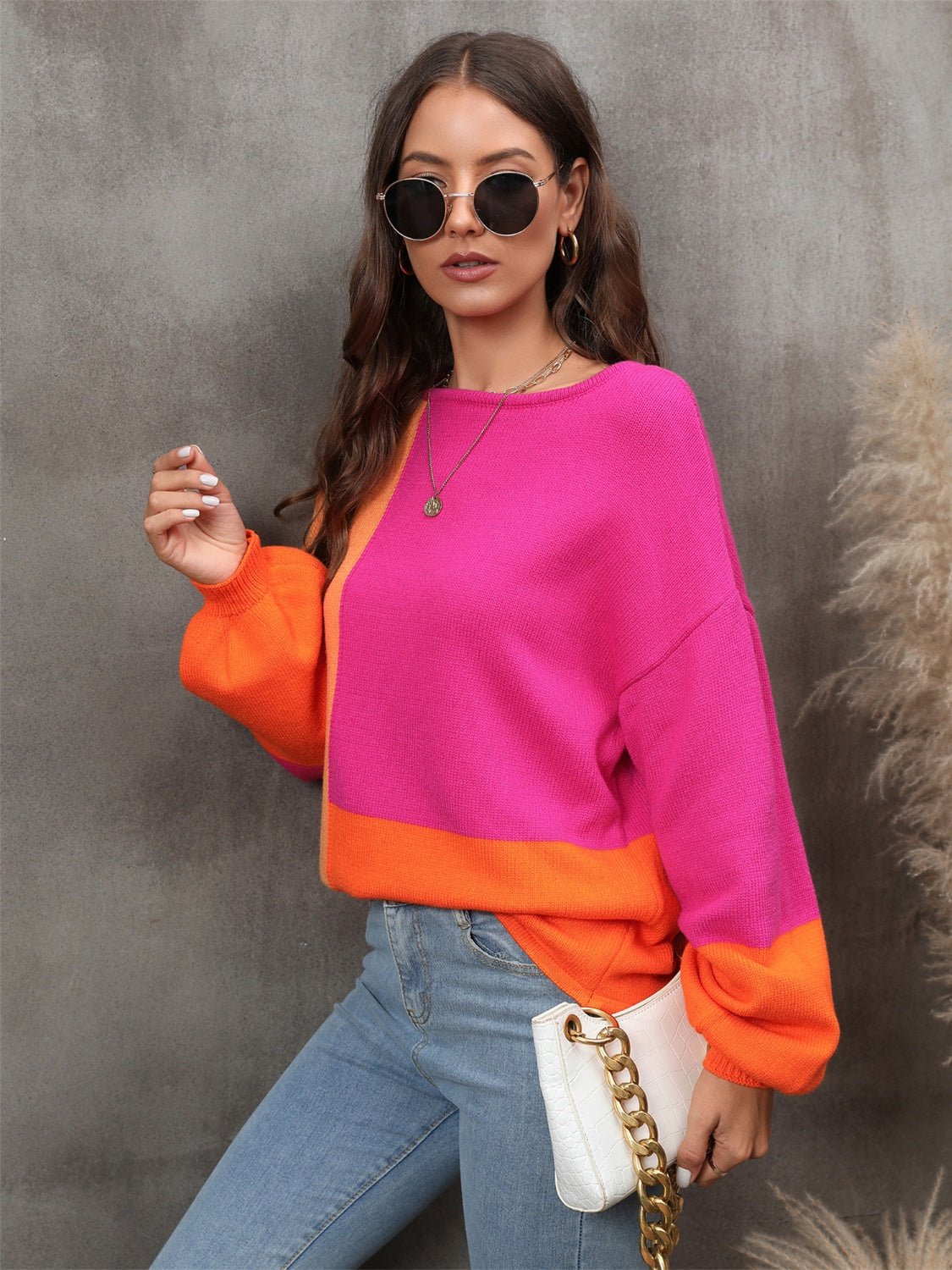 Color Block Round Neck Sweater - Admiresty