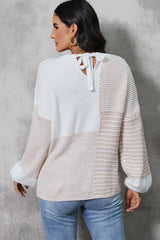 Color Block Tied Dropped Shoulder Sweater - Admiresty