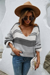 Color Block V - Neck Dropped Shoulder Sweater - Admiresty