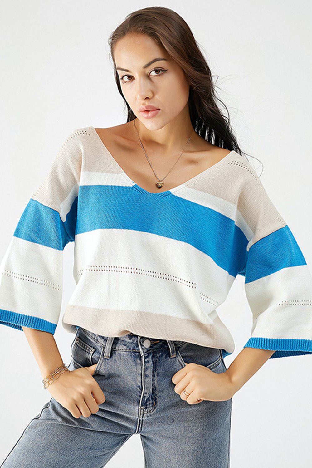 Color Block V - Neck Dropped Shoulder Sweater - Admiresty