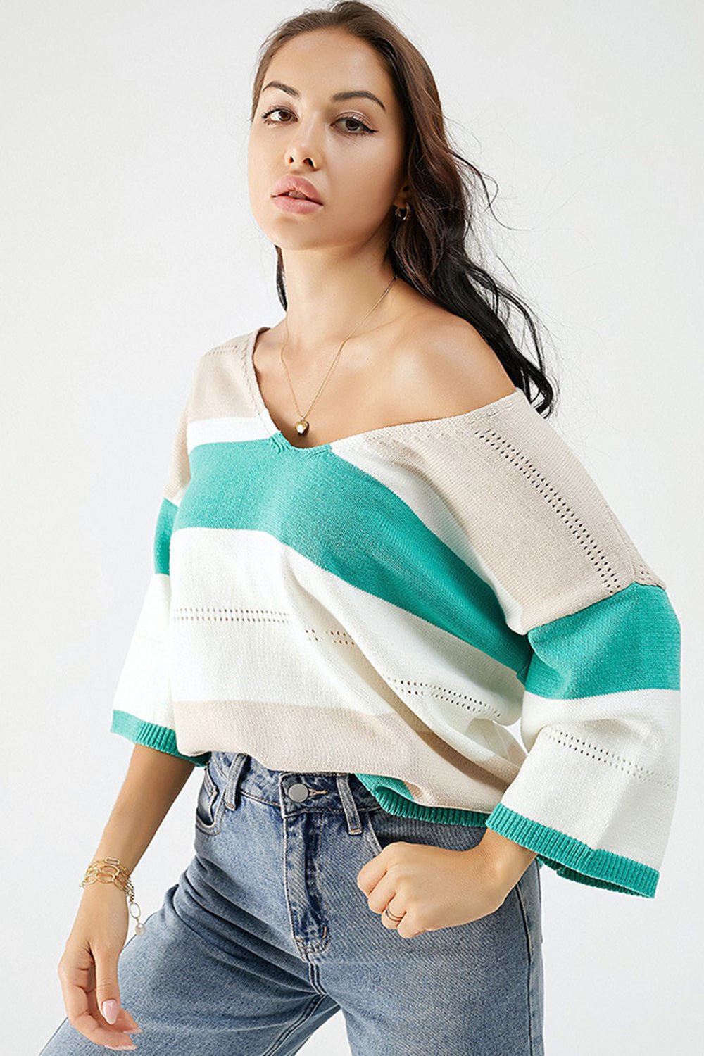 Color Block V - Neck Dropped Shoulder Sweater - Admiresty