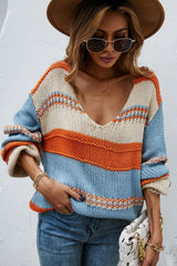 Color Block V - Neck Dropped Shoulder Sweater - Admiresty