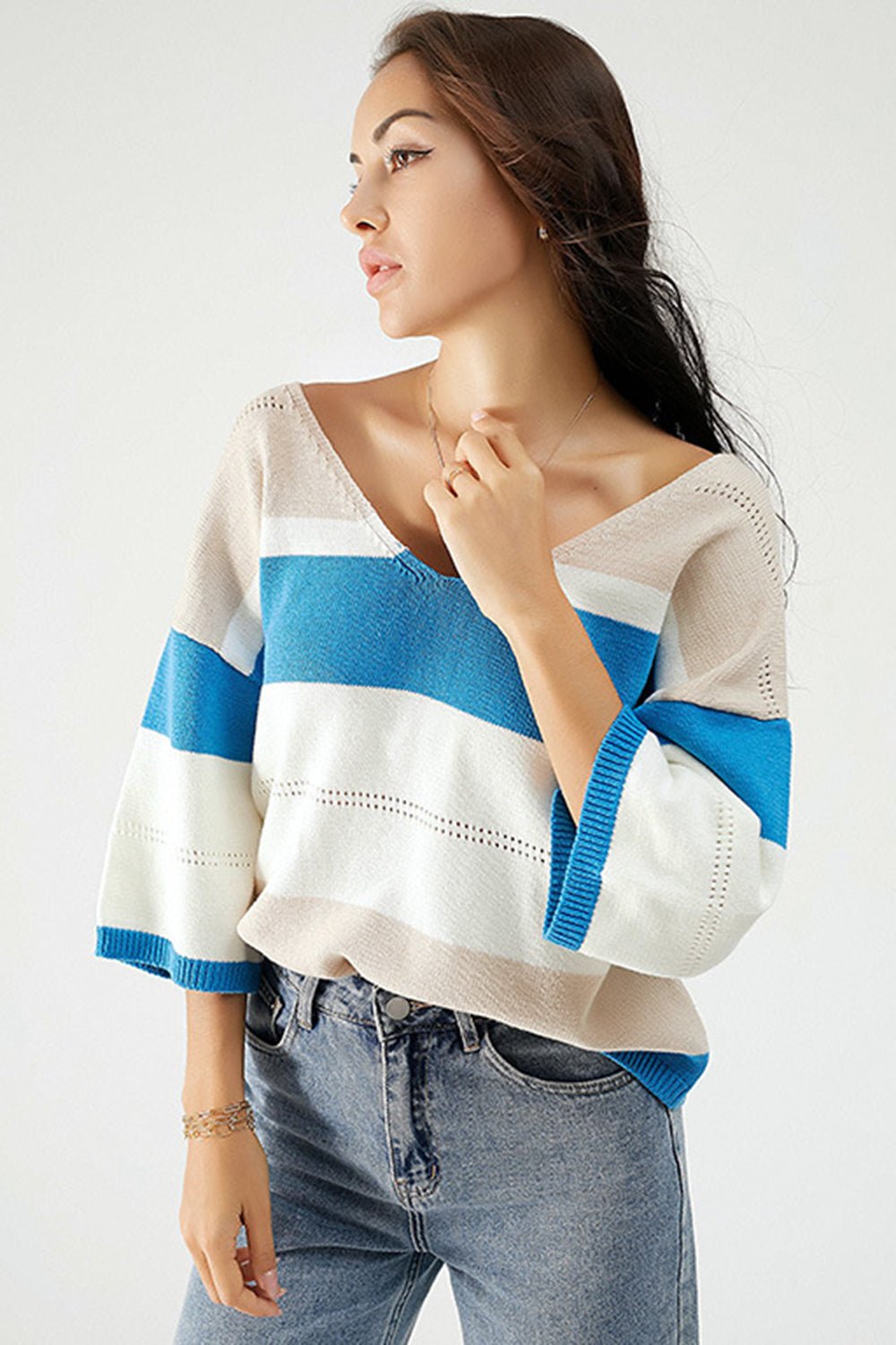 Color Block V - Neck Dropped Shoulder Sweater - Admiresty