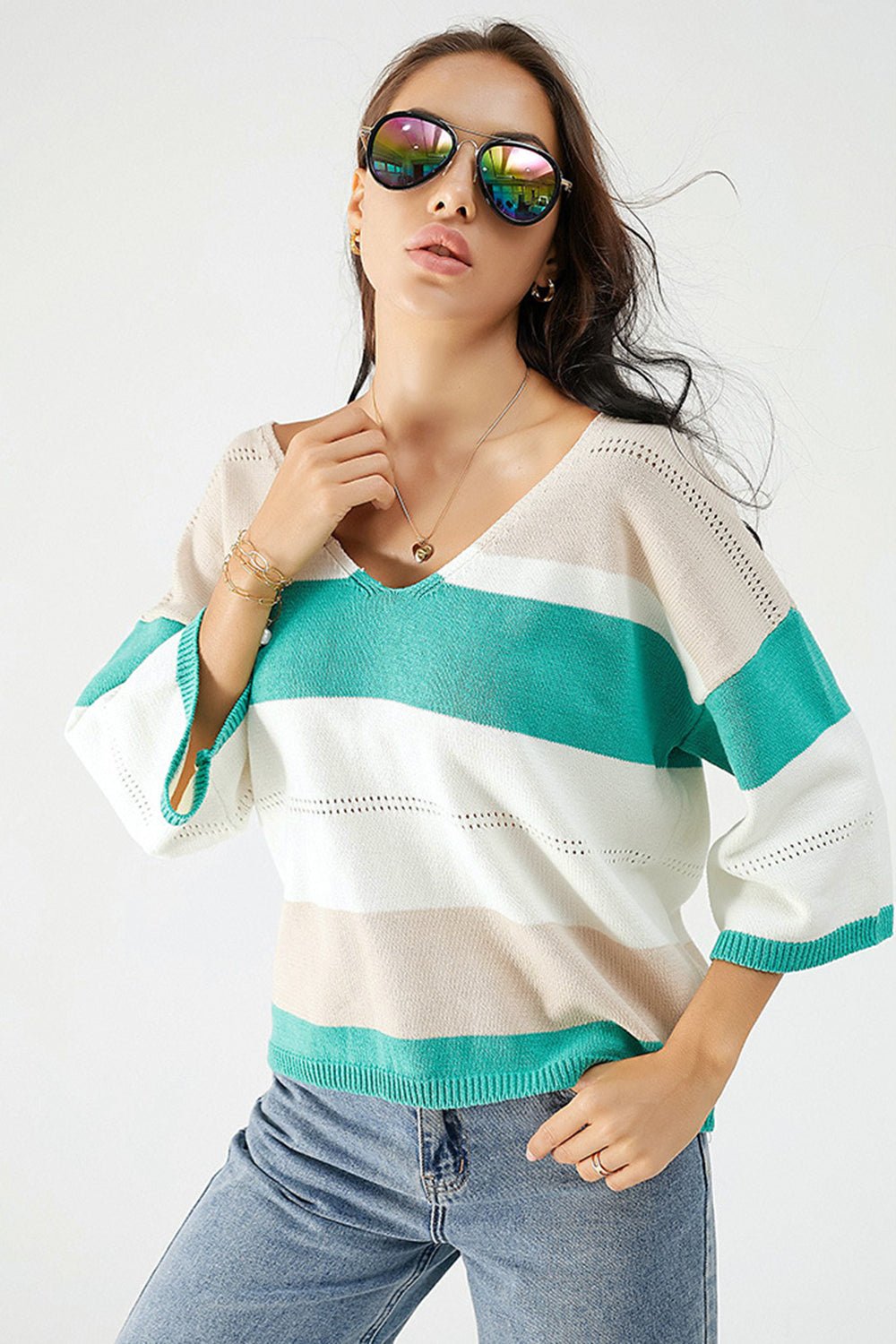 Color Block V - Neck Dropped Shoulder Sweater - Admiresty