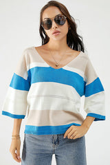 Color Block V - Neck Dropped Shoulder Sweater - Admiresty