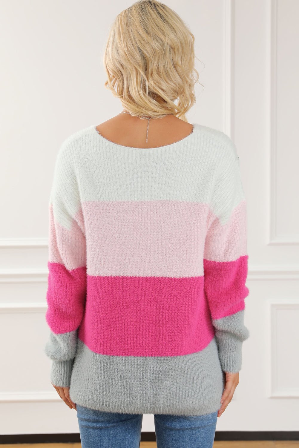 Color Block V - Neck Dropped Shoulder Sweater - Admiresty