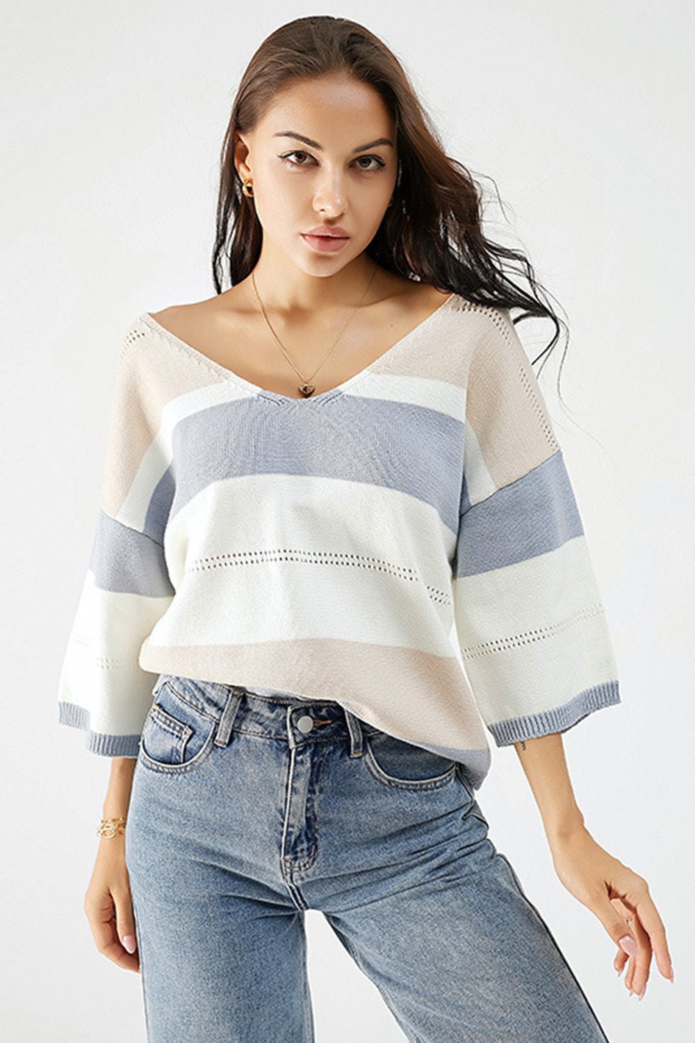 Color Block V - Neck Dropped Shoulder Sweater - Admiresty