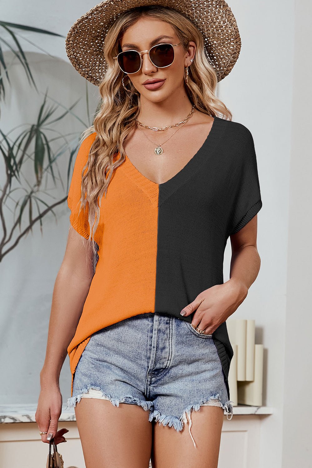 Color Block V - Neck Short Sleeve Knit Top - Admiresty