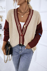 Contrast Button Up Dropped Shoulder Cardigan - Admiresty