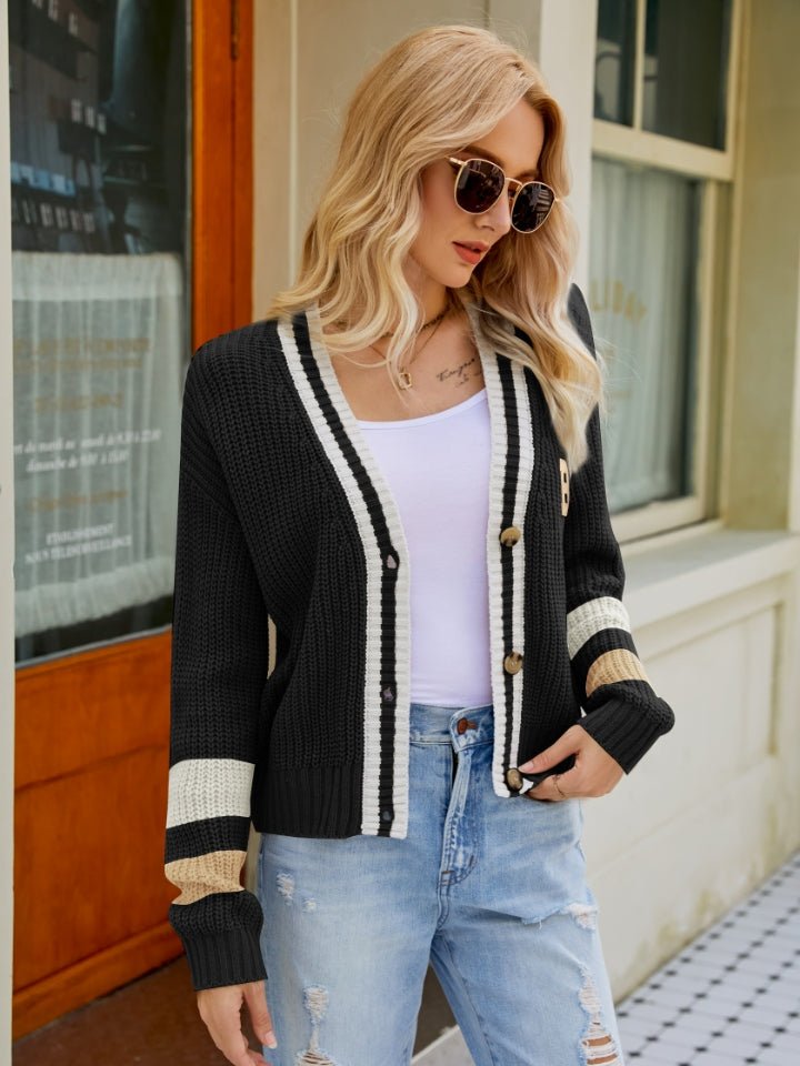 Contrast Button Up Dropped Shoulder Cardigan - Admiresty