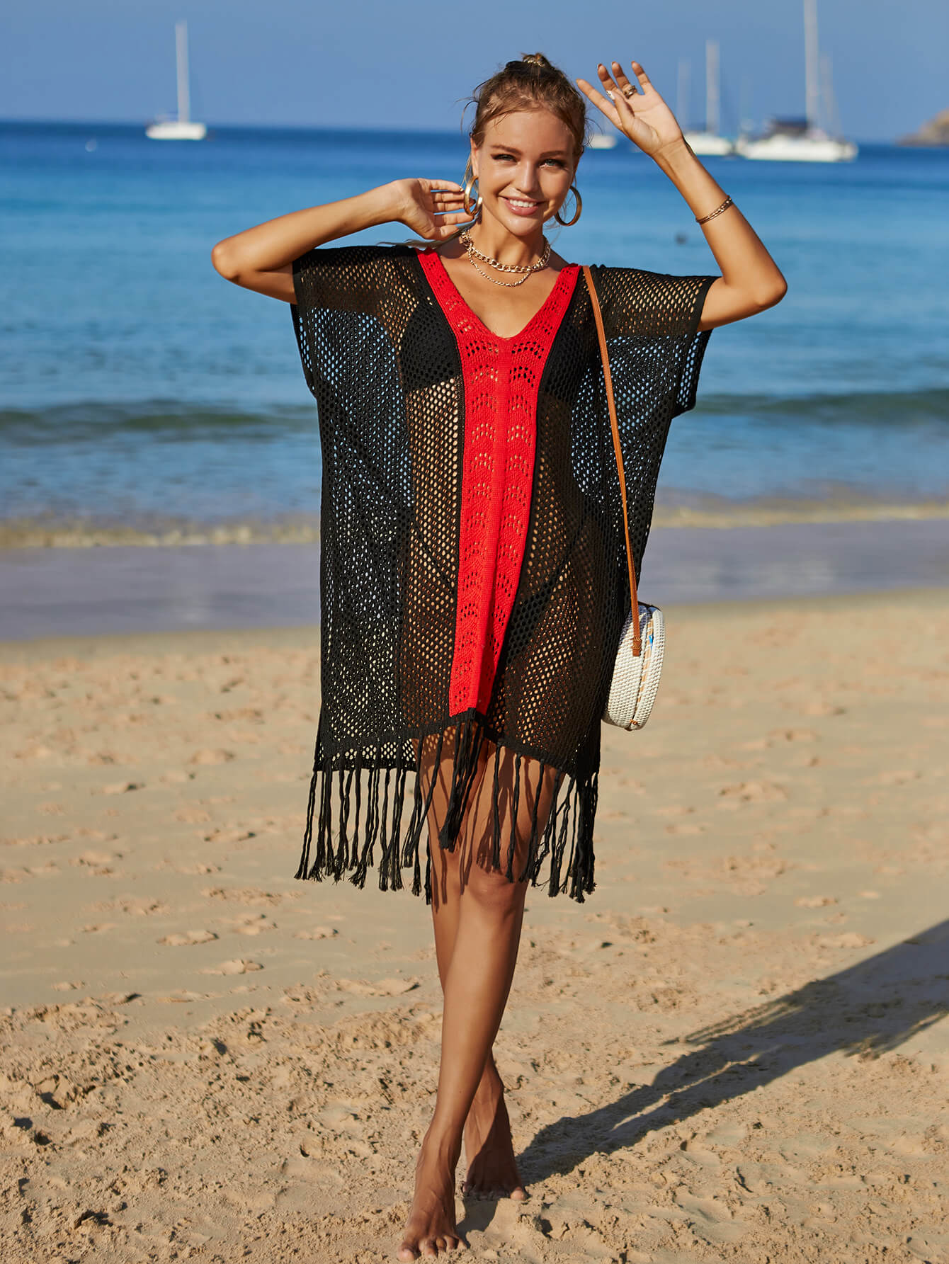 Contrast Fringe Trim Openwork Cover - Up Dress - Admiresty