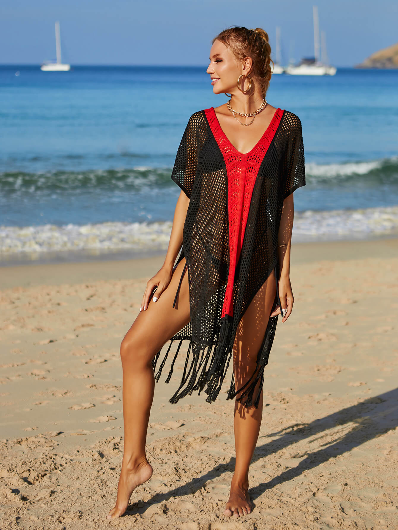 Contrast Fringe Trim Openwork Cover - Up Dress - Admiresty