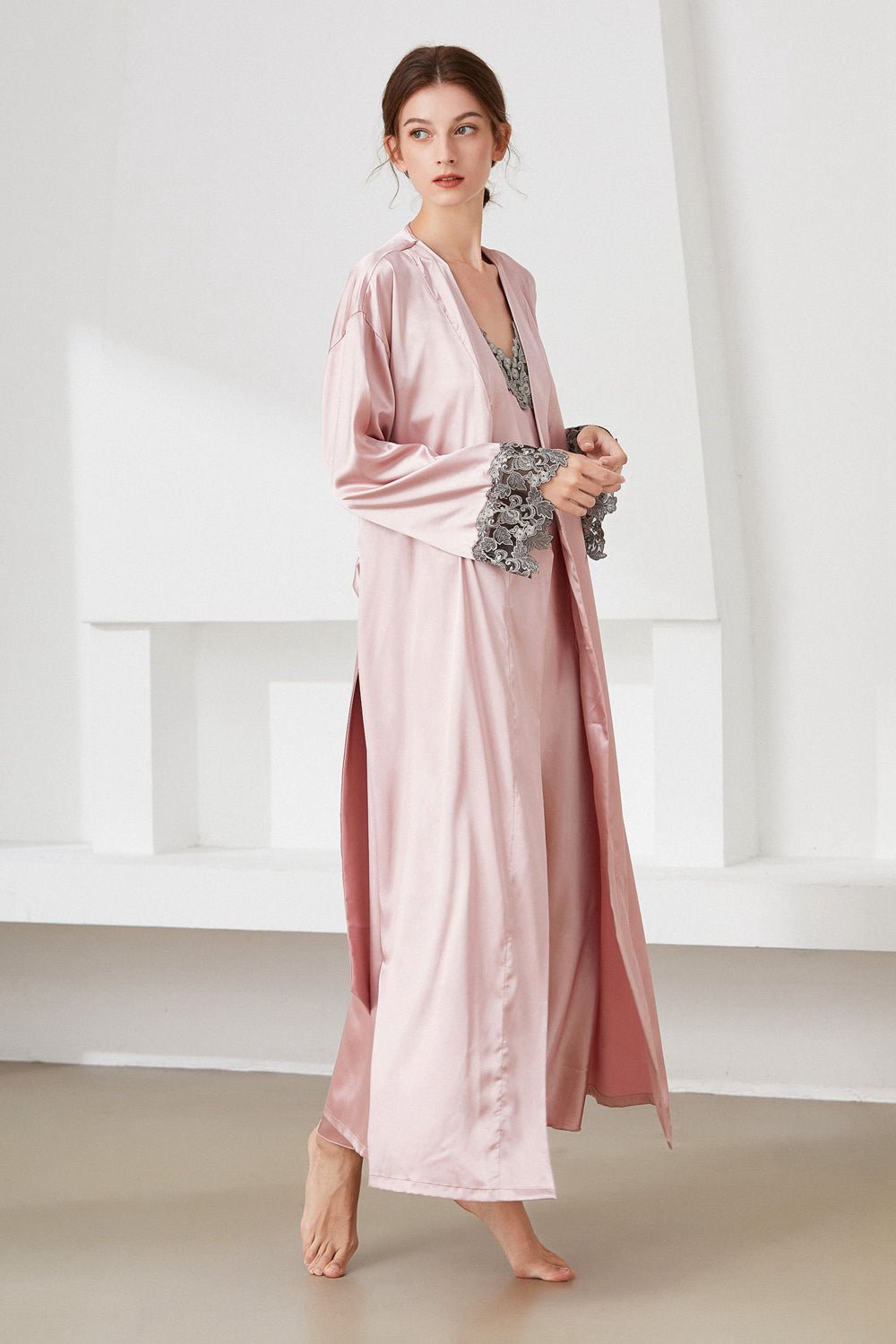 Contrast Lace Trim Satin Night Dress and Robe Set - Admiresty