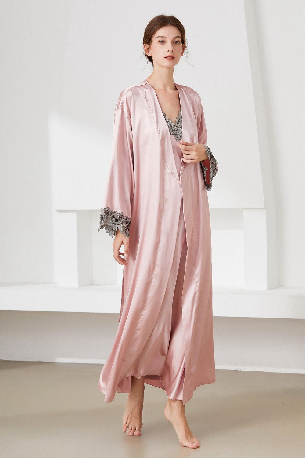 Contrast Lace Trim Satin Night Dress and Robe Set - Admiresty