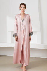 Contrast Lace Trim Satin Night Dress and Robe Set - Admiresty