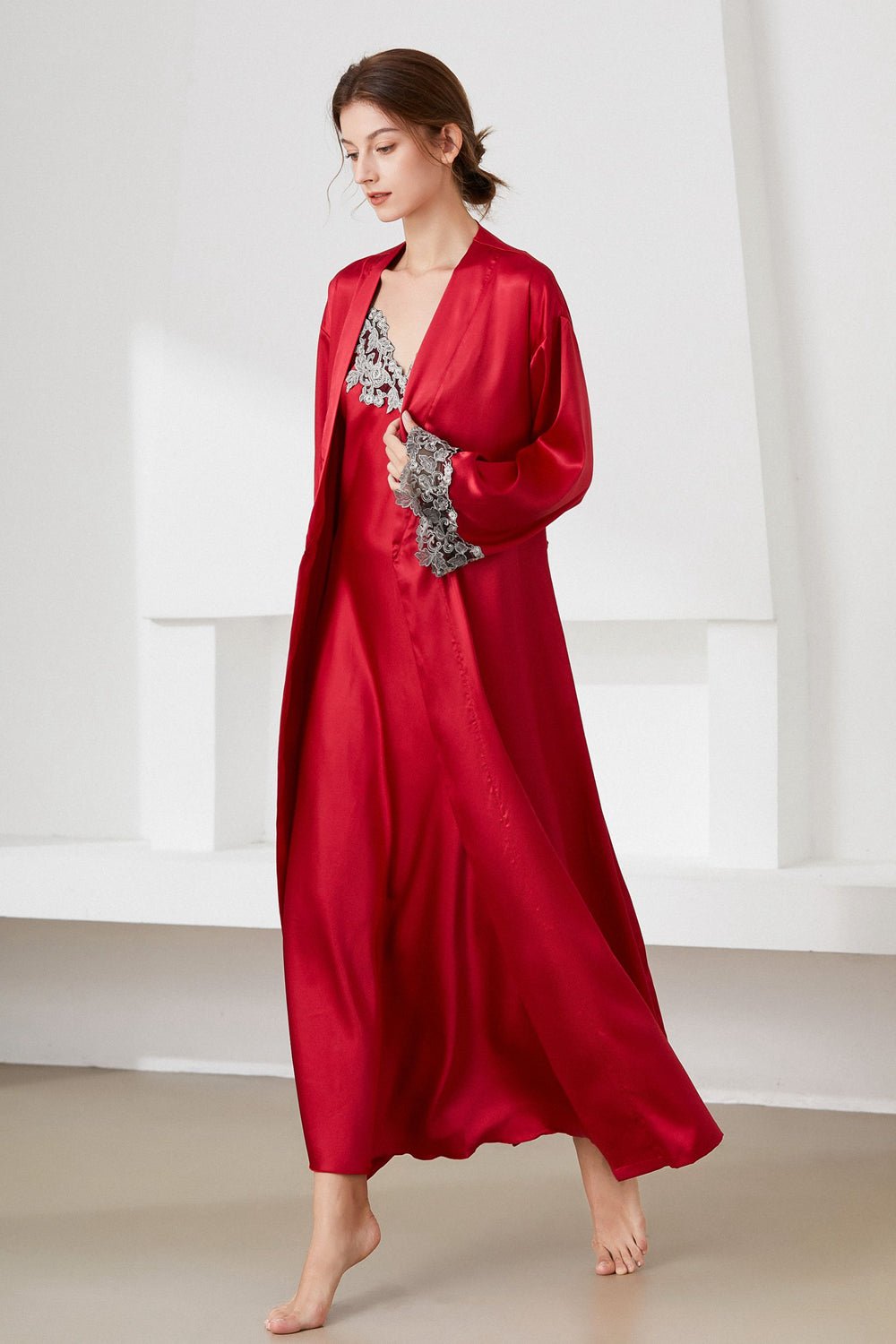 Contrast Lace Trim Satin Night Dress and Robe Set - Admiresty