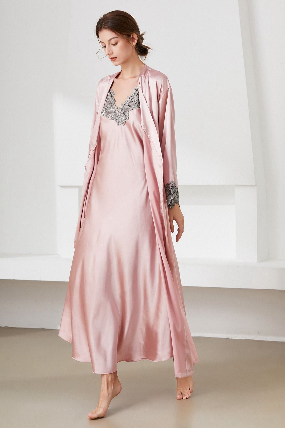 Contrast Lace Trim Satin Night Dress and Robe Set - Admiresty