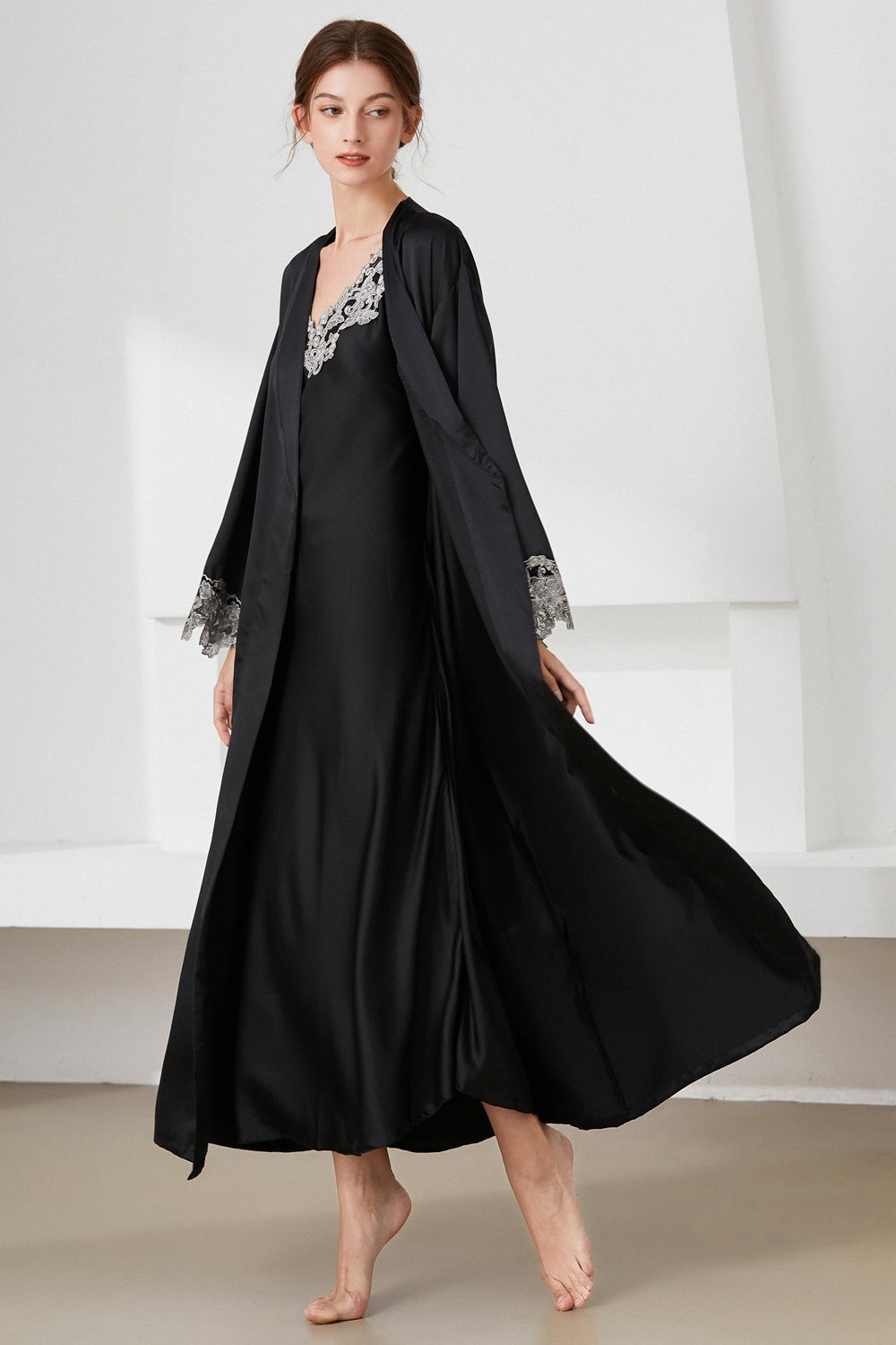 Contrast Lace Trim Satin Night Dress and Robe Set - Admiresty