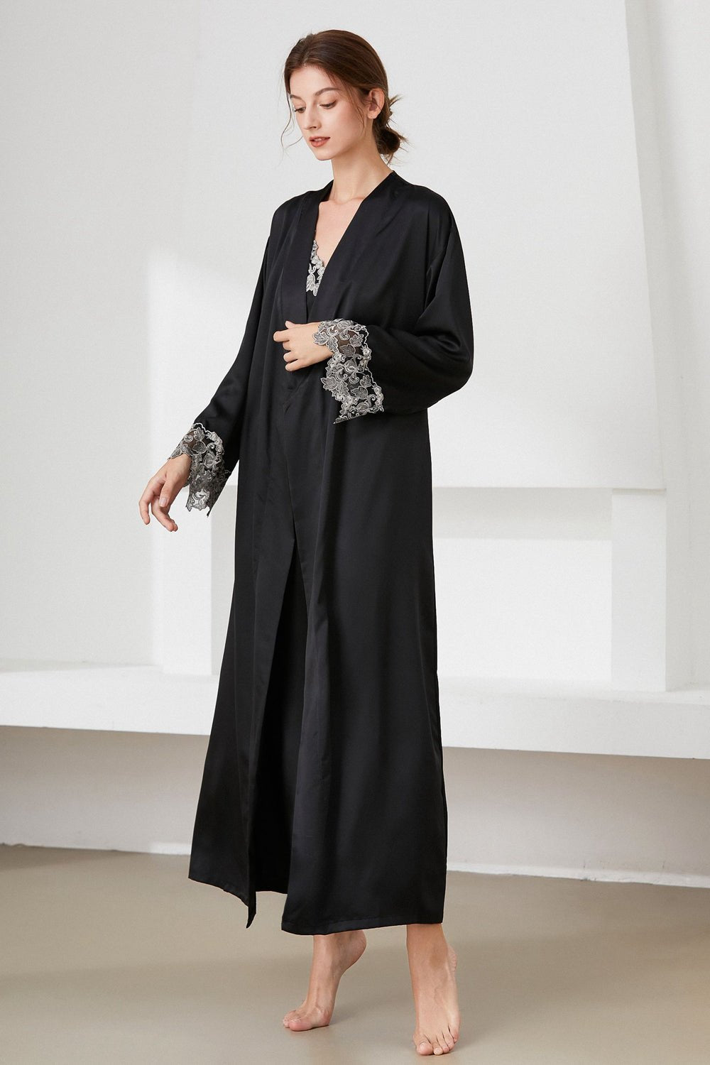 Contrast Lace Trim Satin Night Dress and Robe Set - Admiresty