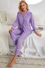 Contrast Lapel Collar Shirt and Pants Pajama Set with Pockets - Admiresty