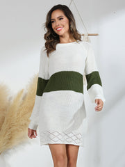 Contrast Openwork Long Sleeve Sweater Dress - Admiresty