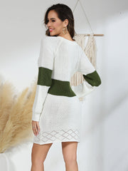 Contrast Openwork Long Sleeve Sweater Dress - Admiresty