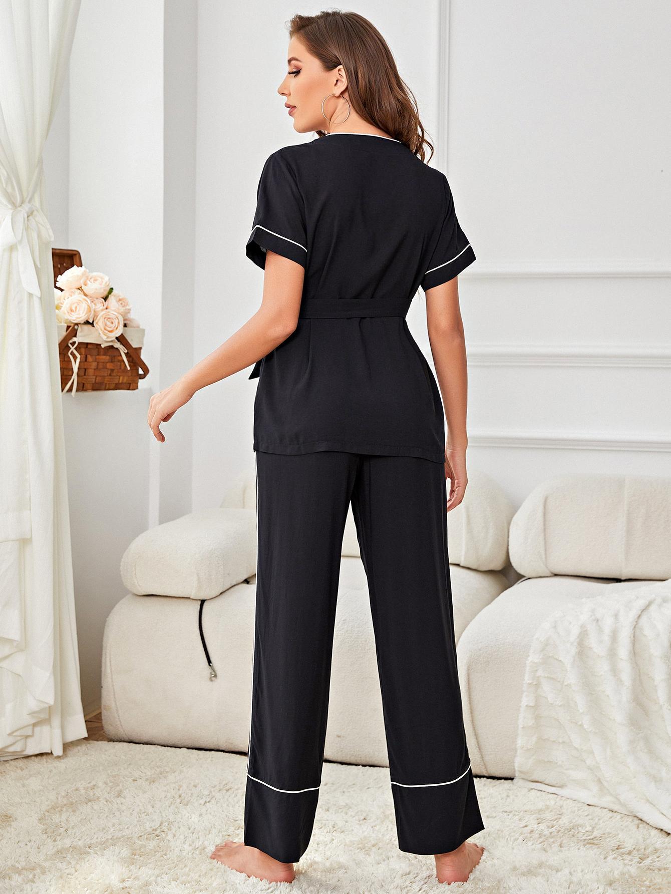 Contrast Piping Belted Top and Pants Pajama Set - Admiresty