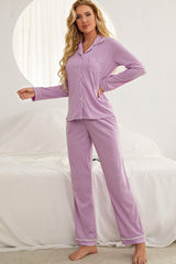 Contrast Piping Button Down Top and Pants Loungewear Set - Admiresty