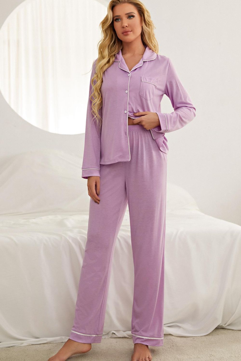 Contrast Piping Button Down Top and Pants Loungewear Set - Admiresty