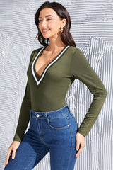 Contrast Ribbed Trim Deep V Bodysuit - Admiresty