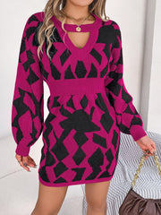 Contrast Round Neck Cutout Long Sleeve Mini Sweater Dress - Admiresty