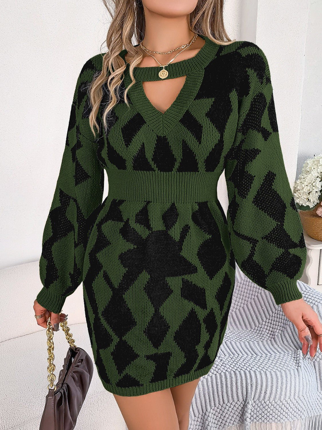 Contrast Round Neck Cutout Long Sleeve Mini Sweater Dress - Admiresty