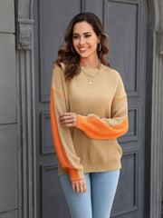 Contrast Round Neck Dropped Shoulder Sweater - Admiresty