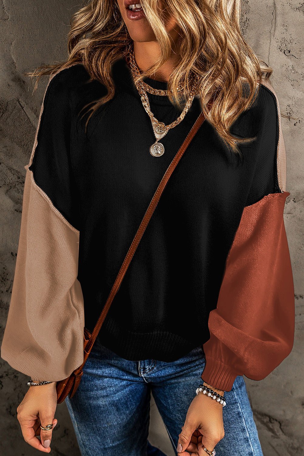 Contrast Round Neck Dropped Shoulder Sweater - Admiresty