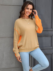 Contrast Round Neck Dropped Shoulder Sweater - Admiresty